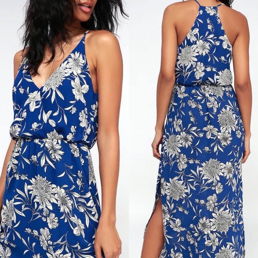 LUSH Along The Waterway Blue Floral Print Midi Dress